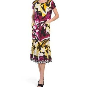 For Cynthia Tropical Print Short Sleeve Linen Dress  - Size Medium